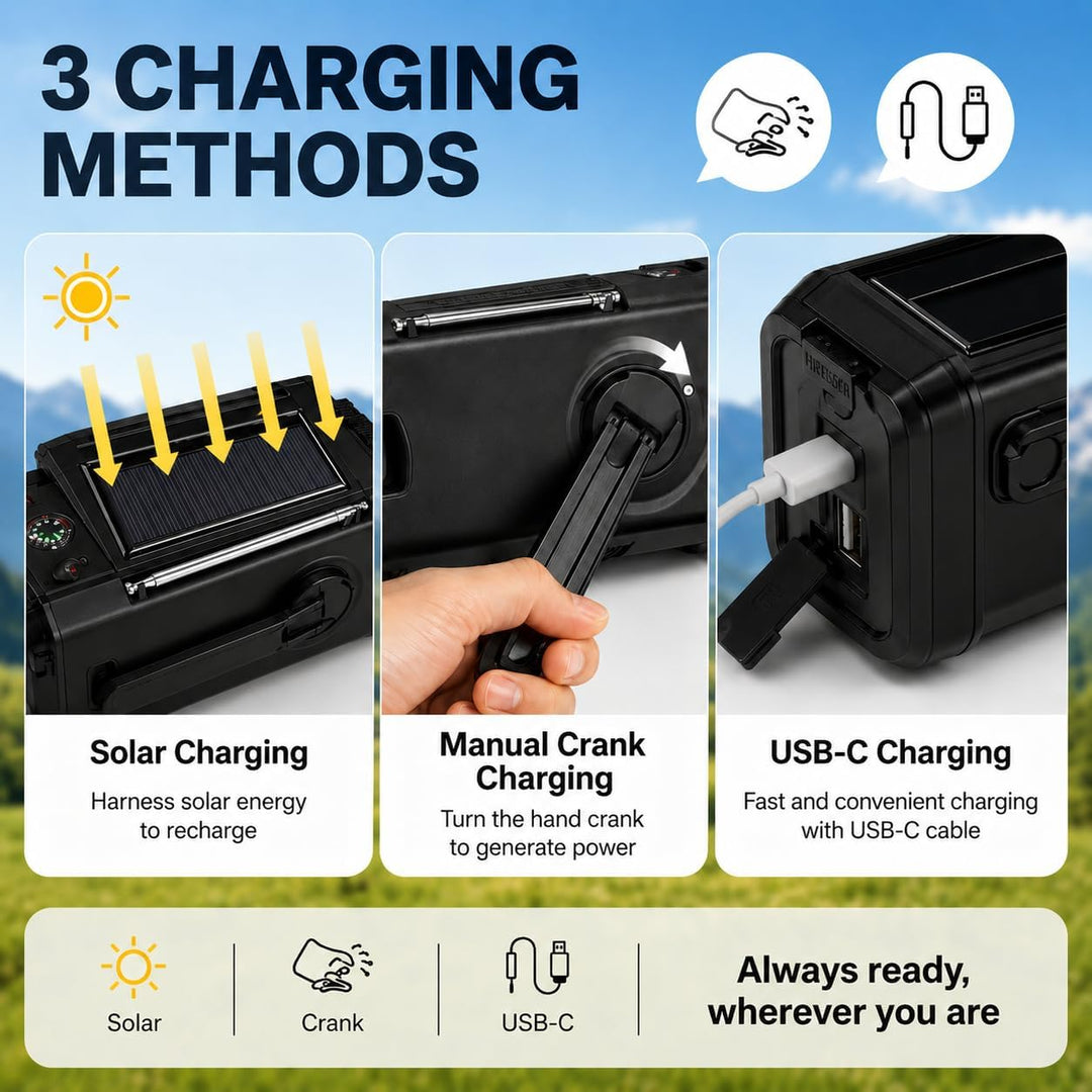 Tragbares Notfallradio 20000 mAh, SOS-Alarm, FM/AM-Radio mit Leselampe, Kompass, Kurbelgenerator und