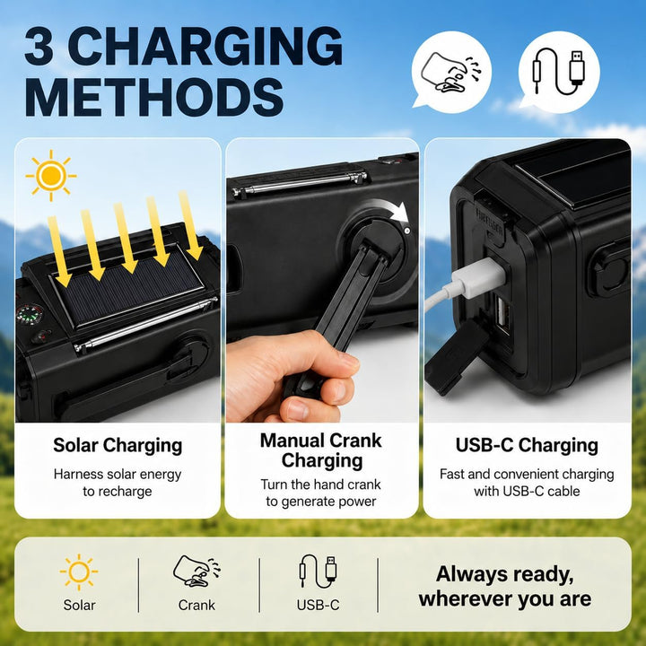 Tragbares Notfallradio 20000 mAh, SOS-Alarm, FM/AM-Radio mit Leselampe, Kompass, Kurbelgenerator und