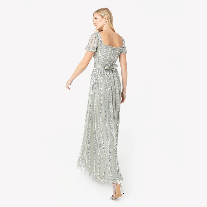 Maya Deluxe Damen Womens Ladies Maxi Occasion Dress Sequin Square Neck High Waist A Cut Evening Gown
