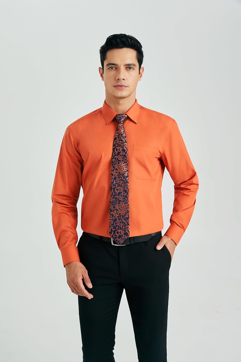 HISDERN Herren Hemd Langarm Einfarbige Hemden mit Krawatte und Taschentuch Formelle Businesshemd Hoc