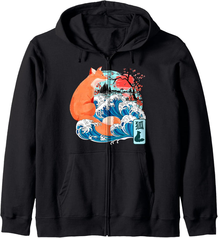 Japanischer Fuchs Kitsune Great Wave Kanagawa Japan Vintage Art Kapuzenjacke