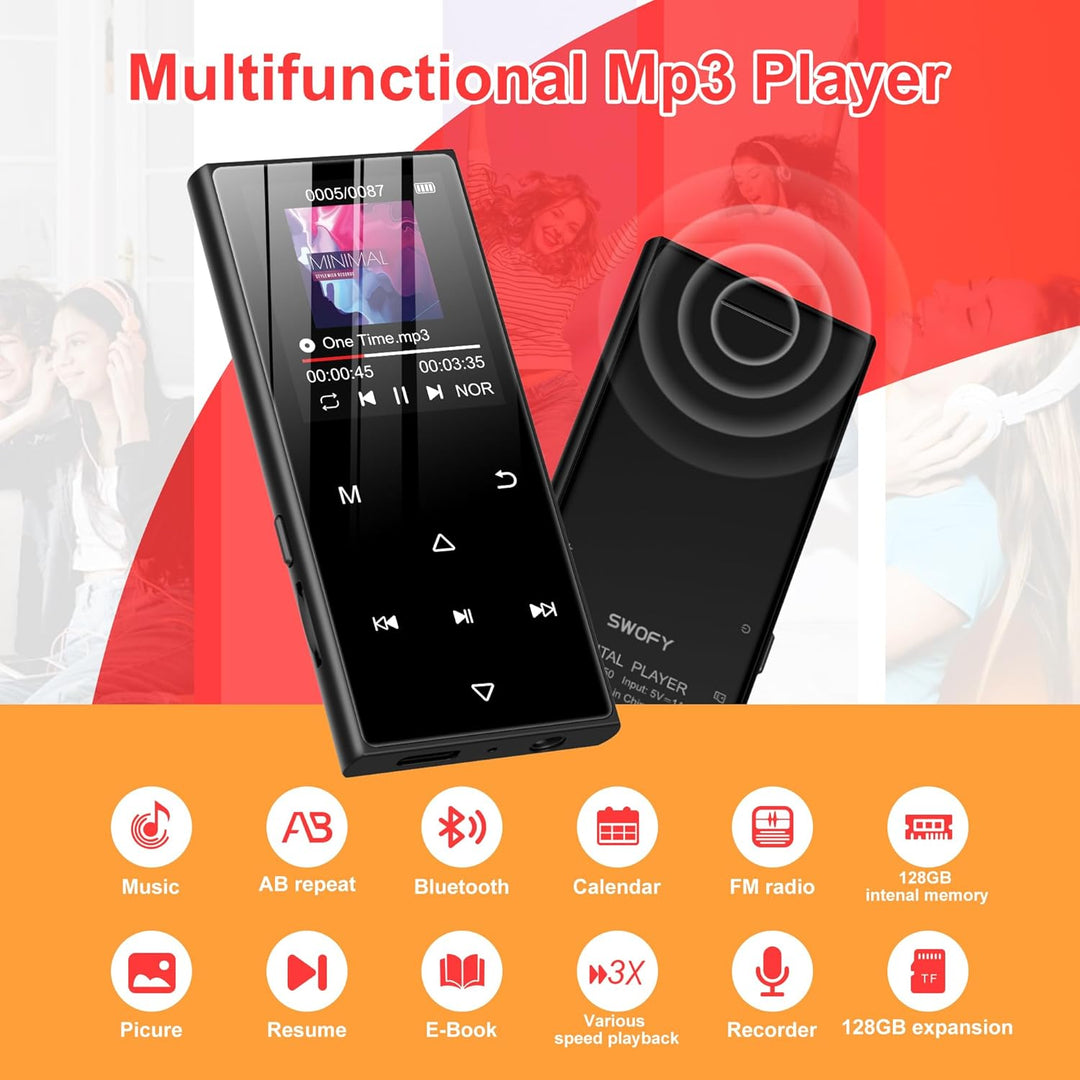 SWOFY 128GB MP3-Player Bluetooth 5.3, 1.8-Zoll-Screen & HiFi-Musik, mit Lautsprecher, FM-Radio, E-Bo