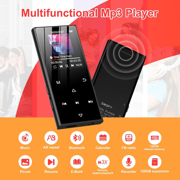 SWOFY 128GB MP3-Player Bluetooth 5.3, 1.8-Zoll-Screen & HiFi-Musik, mit Lautsprecher, FM-Radio, E-Bo