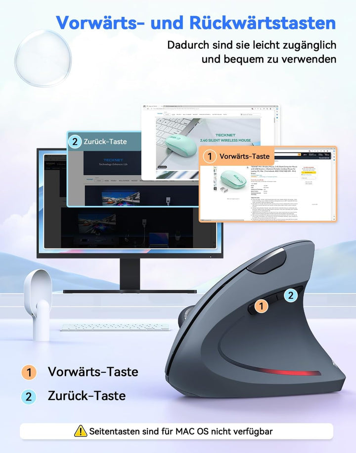 TECKNET Wireless Vertikale Ergonomische Maus, 4800 DPI 5 Tasten Kabellose Optische Maus, 2.4G USB Ve