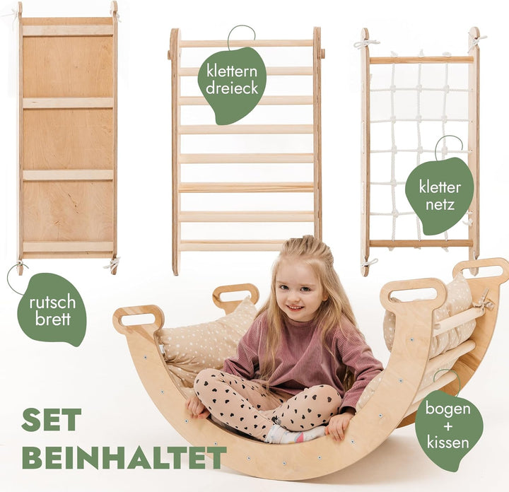 Goodevas 5-in-1 Montessori Klettergerüst Set: Indoor Kletterdreieck, Kletterbogen mit Kissen, Klette