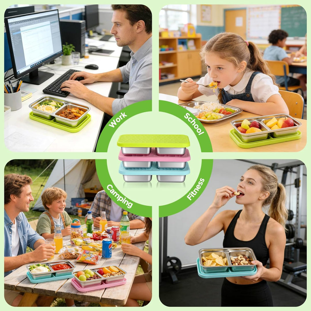 3-Stück Snackbehälter mit Doppelfächern, Edelstahl Lebensmittelbehälter, 20,3x10,9x4,1cm, Auslaufsic