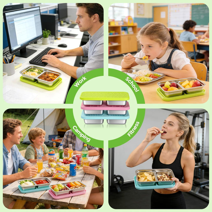 3-Stück Snackbehälter mit Doppelfächern, Edelstahl Lebensmittelbehälter, 20,3x10,9x4,1cm, Auslaufsic