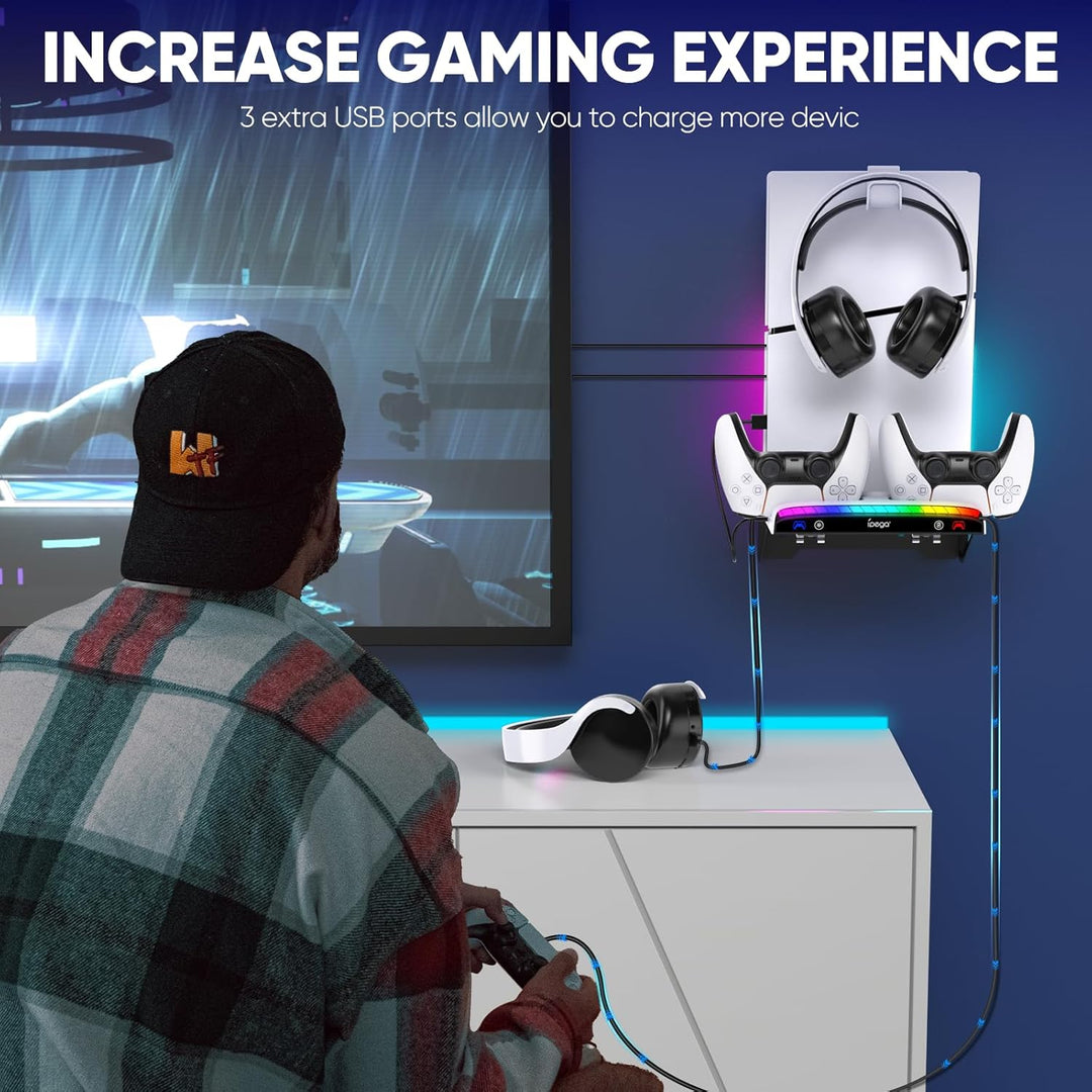 RGB Wandhalterung für PS5/Pro/Slim mit doppelter Controller-Ladestation, PlayStation 5 Halterung für