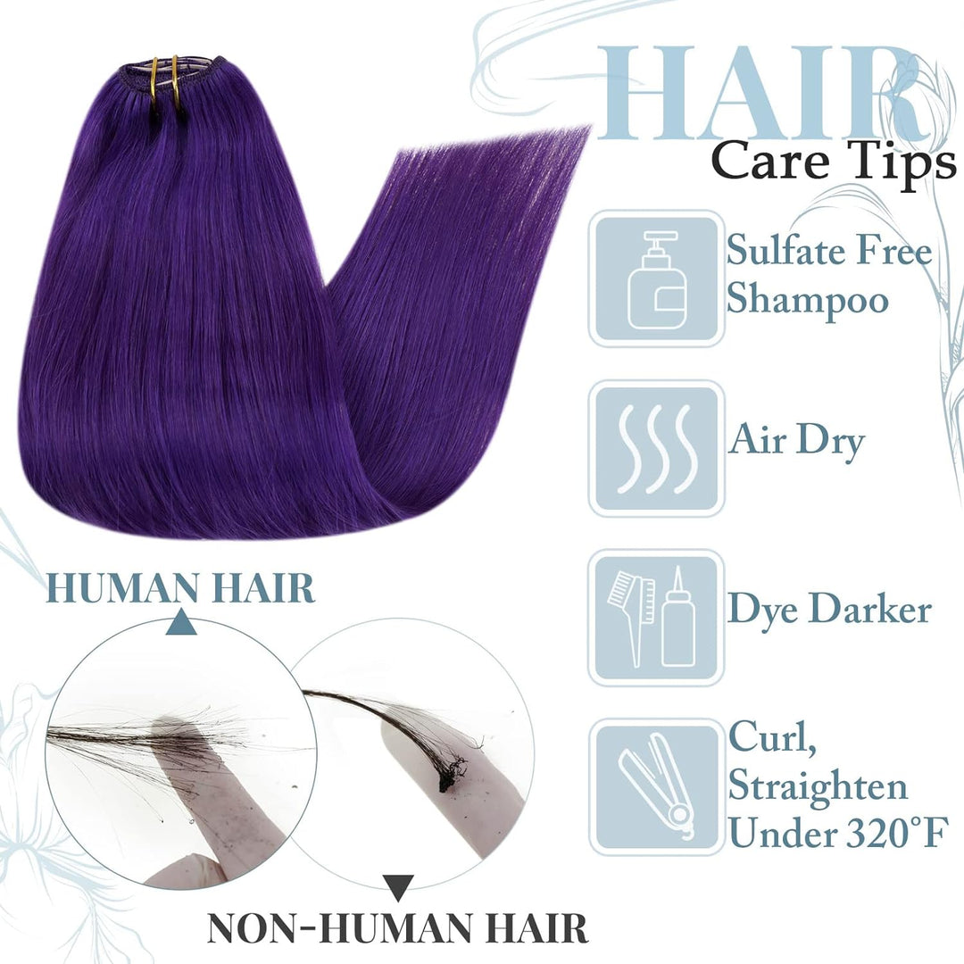 RUNATURE Clip in Extensions Glatt Violett 40cm 70g Remy Clip Echthaar Extensions Natürliche Bunt Haa