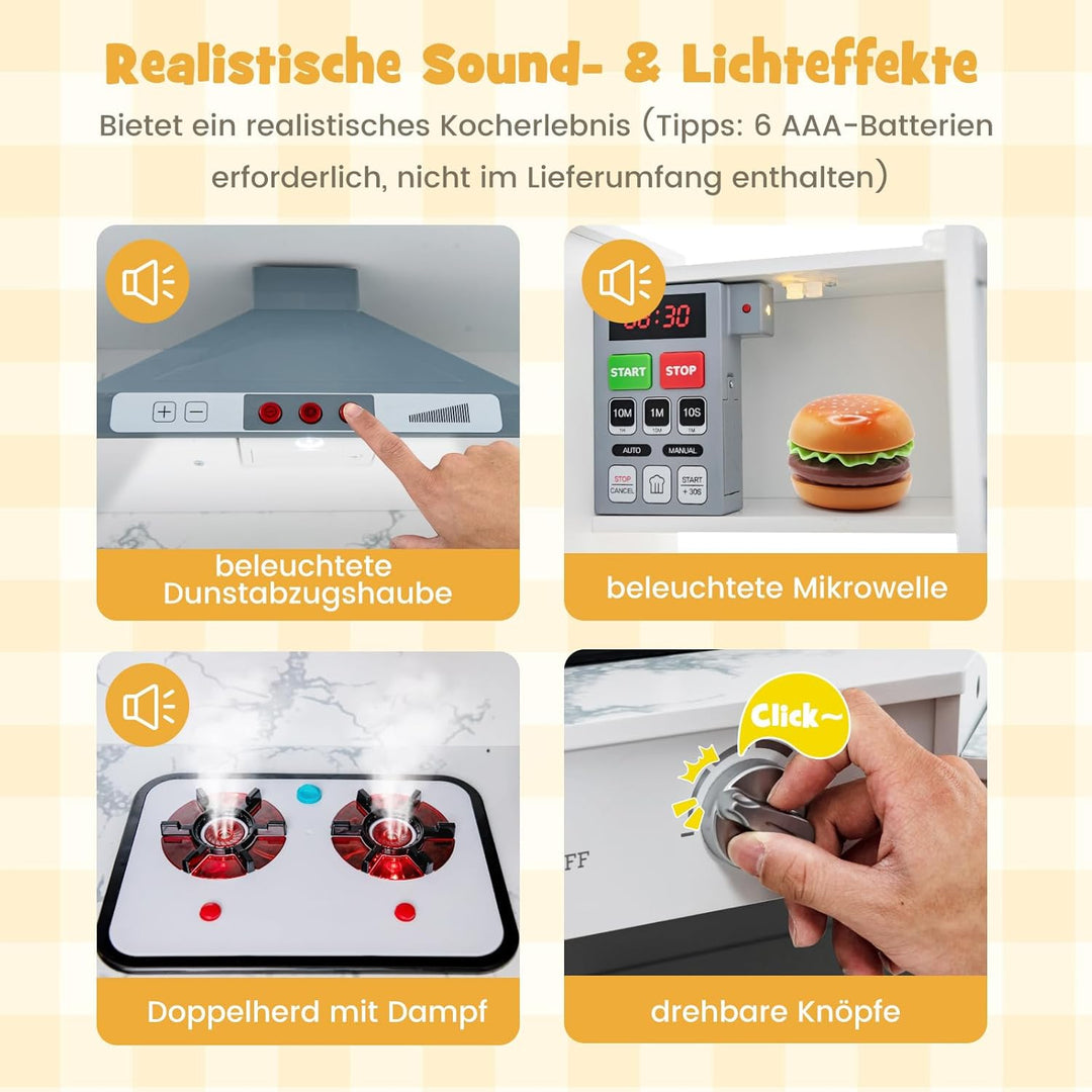 COSTWAY Kinderküche Holz, Spielküche Eck mit Licht und Sound, Holzküche mit Tafel &amp; Spüle &amp; Ofen, in
