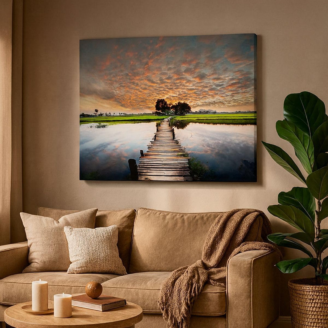 ARTTOR Bilder auf Leinwand 100x70cm Leinwandbild Asien brücke see natur Gross Wanddeko Bild Schlafzi