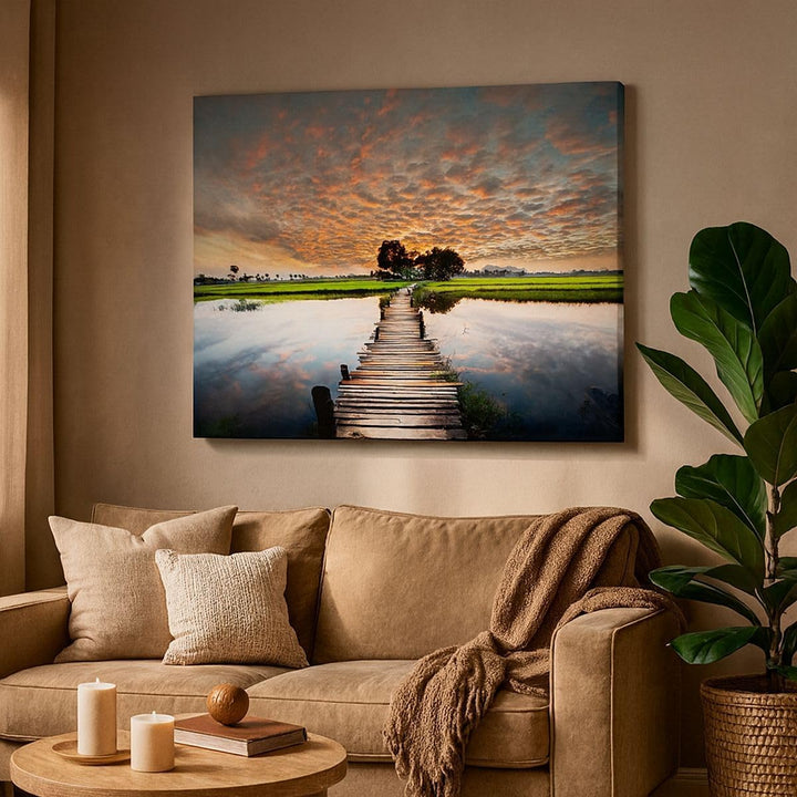 ARTTOR Bilder auf Leinwand 100x70cm Leinwandbild Asien brücke see natur Gross Wanddeko Bild Schlafzi
