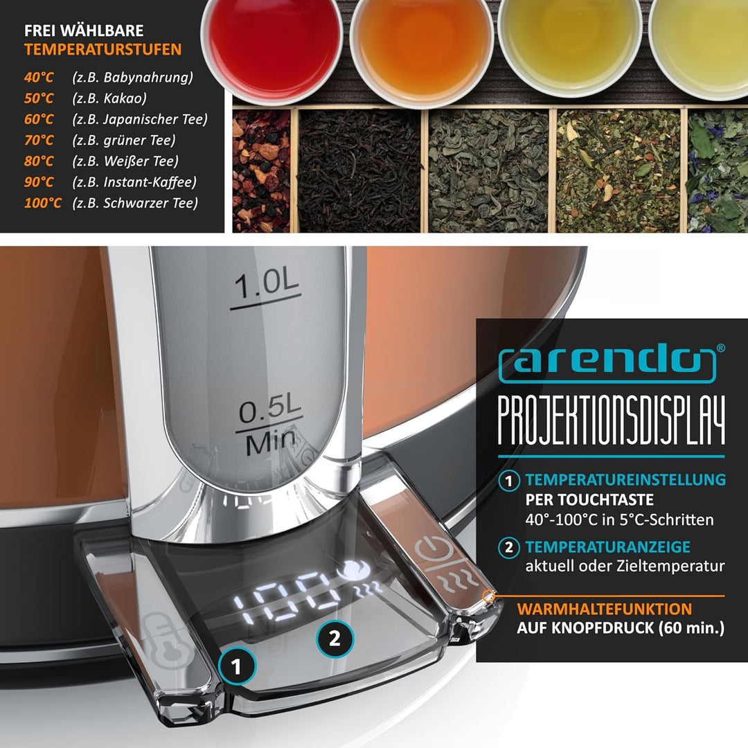Arendo - Wasserkocher Edelstahl mit Temperatureinstellung - LED Anzeige mit Touch Panel - Wasserkess