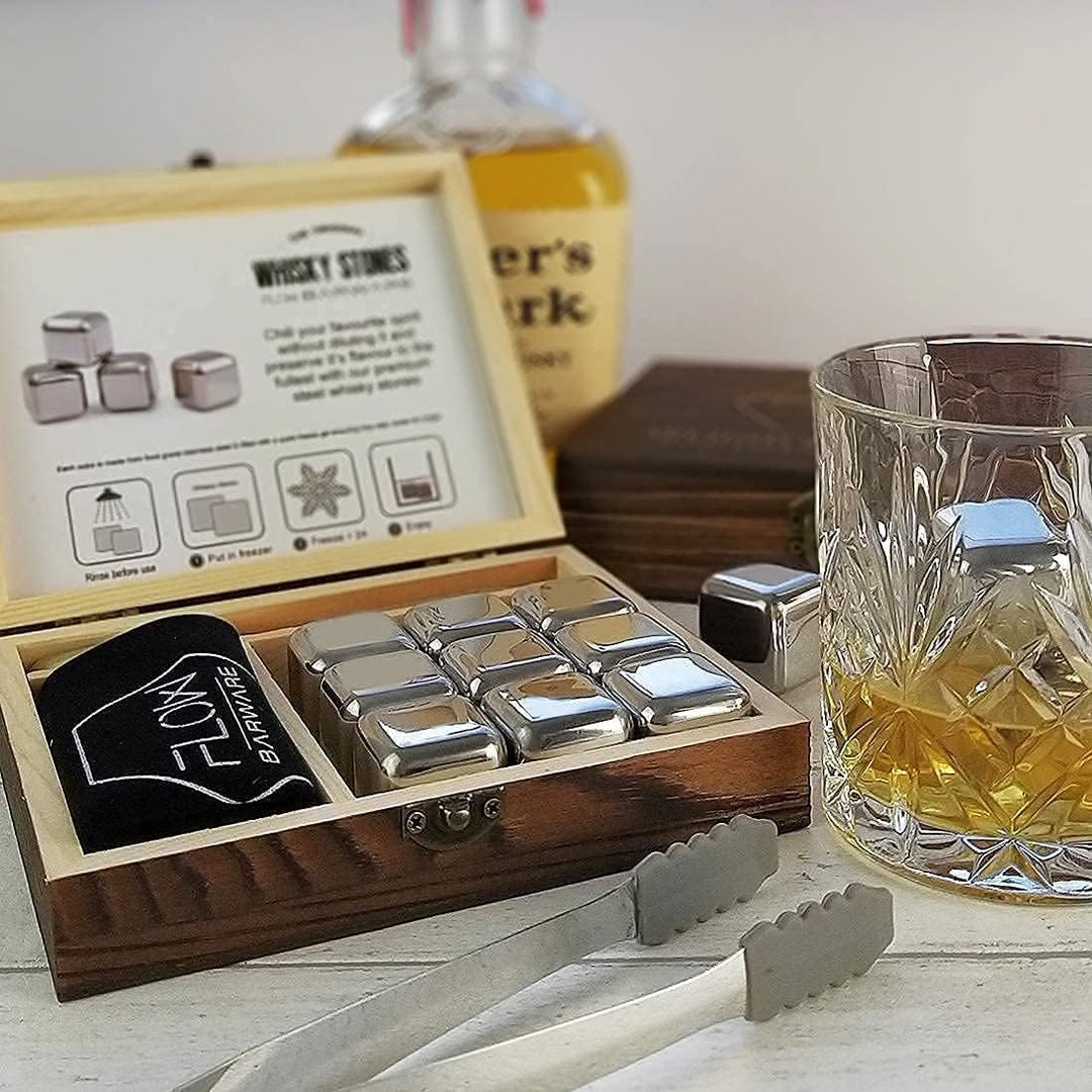 FLOW Barware Whisky-Steine, Geschenk-Set mit Eiszange und Aufbewahrungstasche, Wiederverwendbare Eis