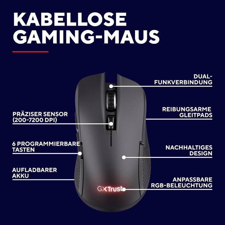 GXTrust Ybar Dual Kabellose Gaming Maus Bluetooth + 2.4GHz, Schwarz