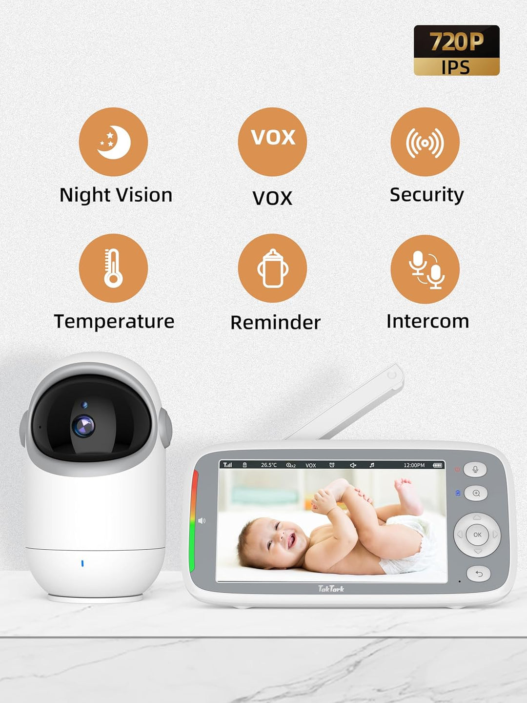 TakTark Babyphone mit Kamera, 5'' Babyfon mit Kamera 720P IPS Video Baby Monitor with Camera mit Rot