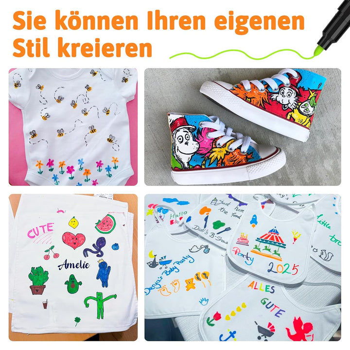 APOGO Lätzchen zum Bemalen, 10 Stück Weisse Lätzchen zum Bemalen, mit 24 Textilstiften und 4 Schablo