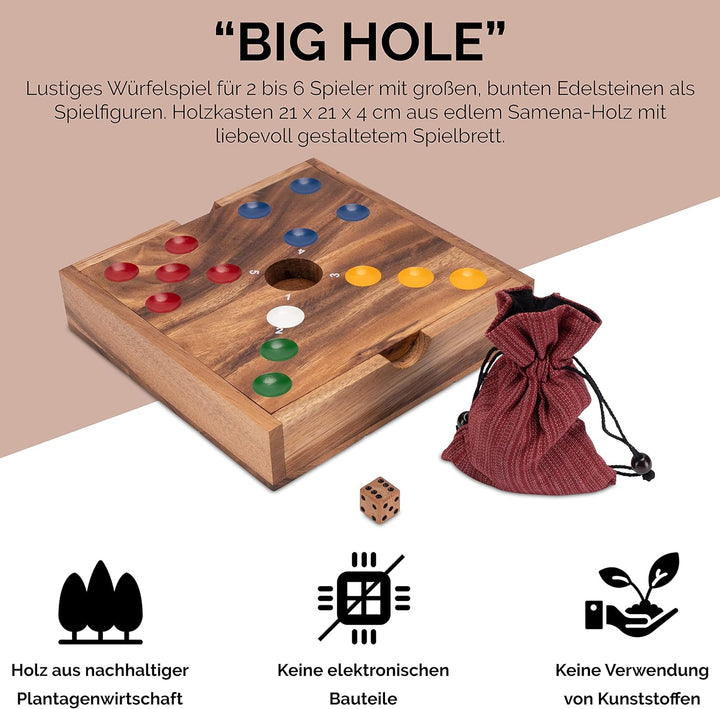 LOGOPLAY Big Hole - Würfelspiel - Gesellschaftsspiel - Brettspiel aus Holz mit Edelsteinen
