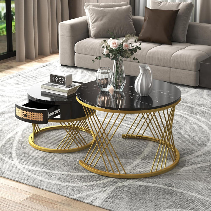 Merax Rund Couchtisch Set, 2-in-1 Beistelltisch mit Stauraum Satztisch Modern Wohnzimmertisch mit Ho