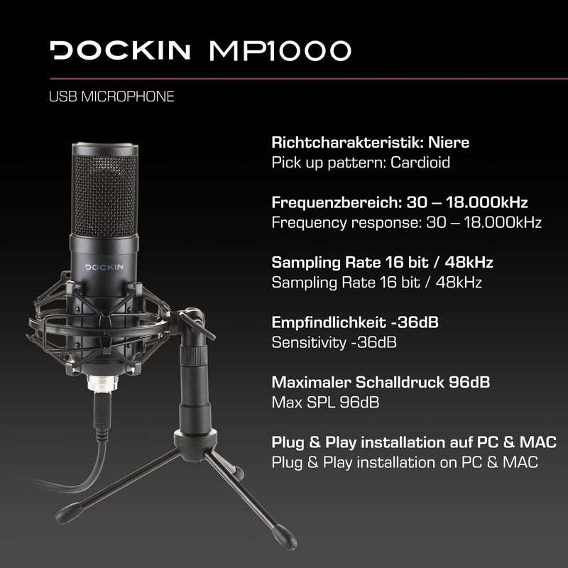 DOCKIN® MP1000 Podcast Mikrofon für PC & Mac mit extralangem 3m USB-Kabel, Streaming Mikrofon mit Dr