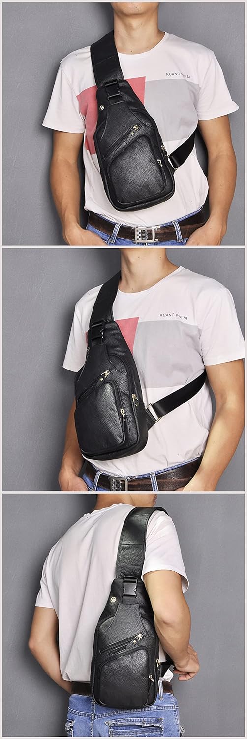 Le'aokuu Herren Echtes Leder Brusttasche Umhängetasche Sport Outdoor Messenger Bag Wanderrucksäcke（8