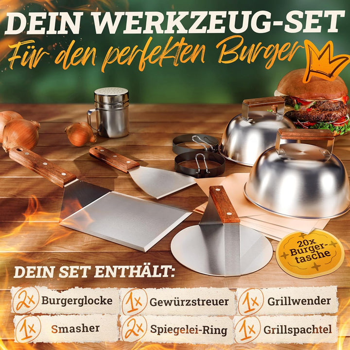 [BUNDLE] Plancha Edelstahl Grillplatte [30x40cm] + Burger Master Set – 4x Grillspachtel, 2x Burgergl