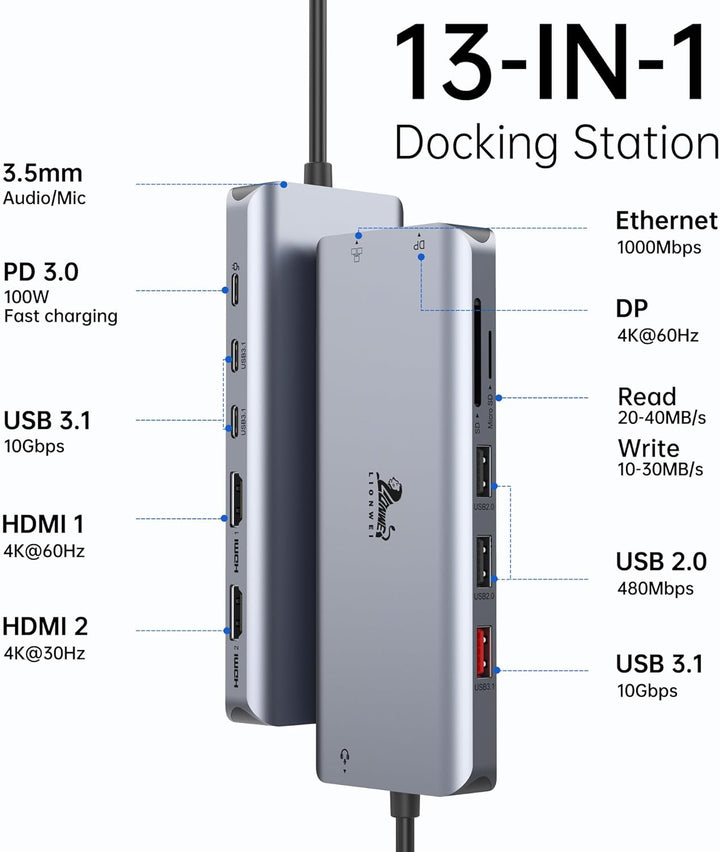 USB C Docking Station Dual Monitor Dockingstation Laptop 13 in 1 USB C Hub Triple Display mit 2 HDMI