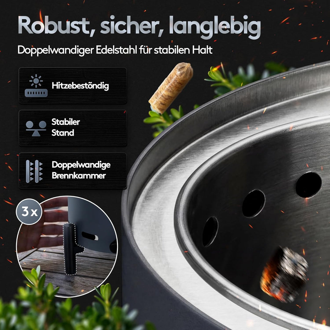 Raucharmes Tischfeuer für Pellets & Holz – Kompaktes Outdoor-Flammenfeuer mit 360° Luftregulierung,