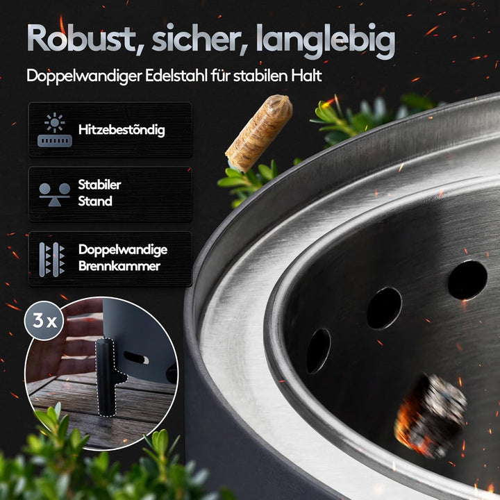 Raucharmes Tischfeuer für Pellets & Holz – Kompaktes Outdoor-Flammenfeuer mit 360° Luftregulierung,