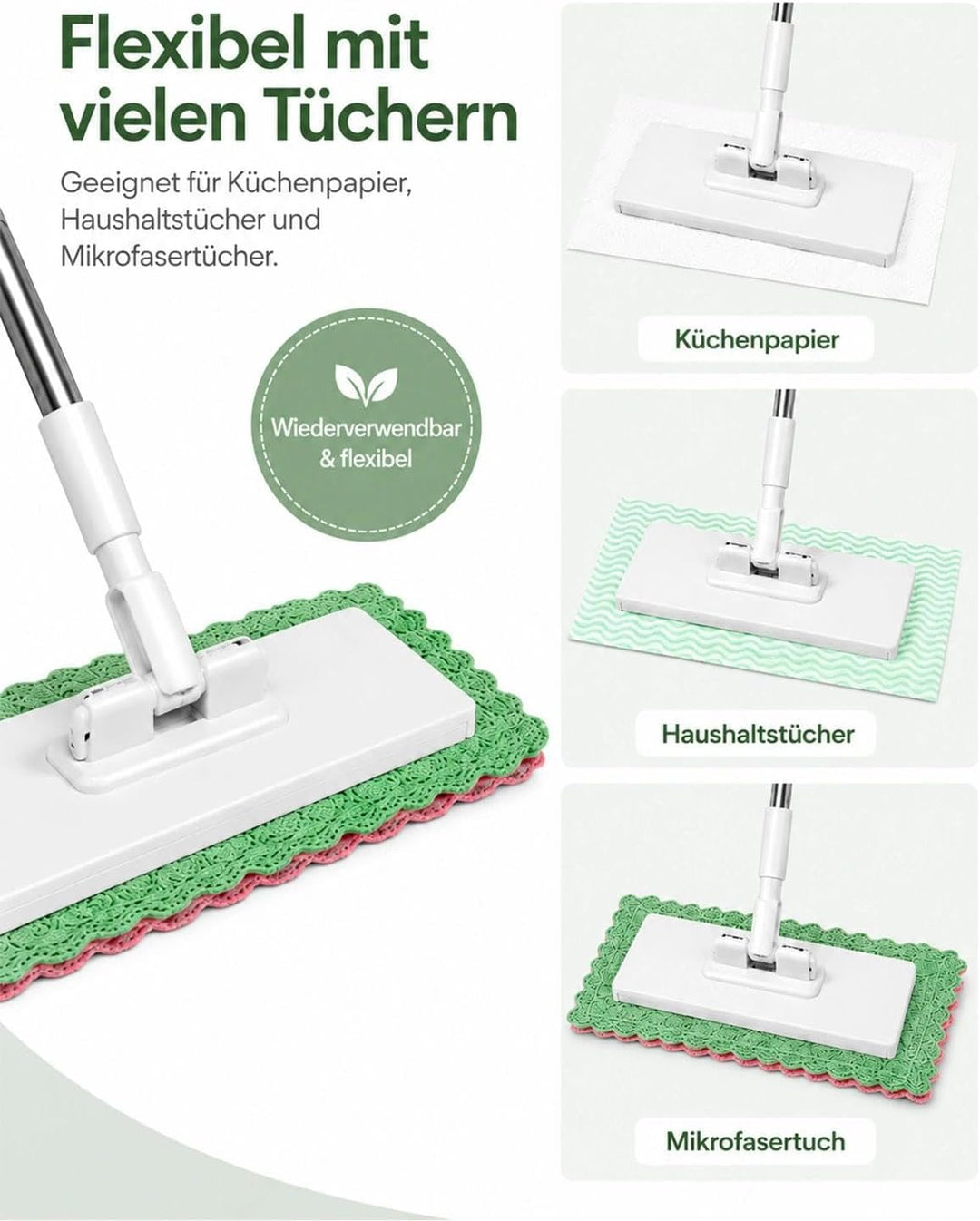 NEU Wischmopp mit Druck-Klemm-System: Ohne Händewaschen,1-Knopf-Wechsel, Automatisches Klemmtuch, Bo
