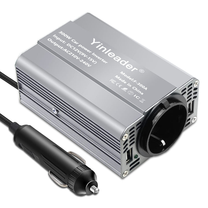 Yinleader Wechselrichter 300W DC 12V auf 230V AC KFZ-Spannungswandler 1 Euro-Steckdosen und 2 USB mi