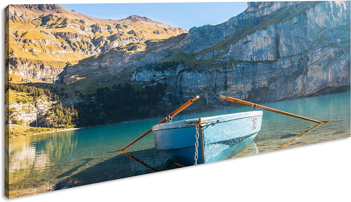 Traumhaftes Boot am See Panorama 100x50 cm als Leinwandbild, Motiv fertig gerahmt auf Echtholzrahmen