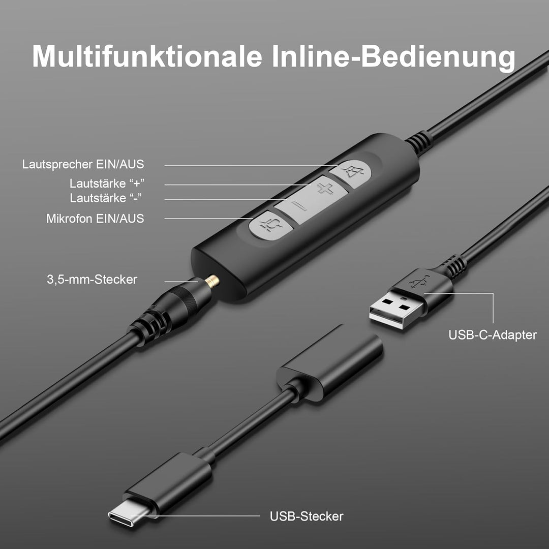 Wantek USB Headset mit Mikrofon für PC Laptop, Typ C-USB-3,5mm Jack, 3-in-1-Kopfhörer mit Geräuschun