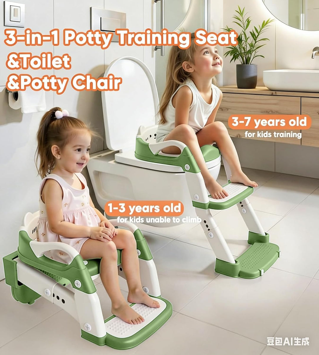 Toilettensitz Kinder mit Treppe, 3 in 1 Klappbarer Toilettenleiter für Kinder, Rutschfest und Wasser