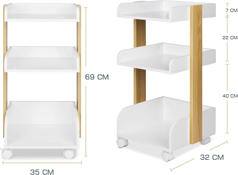 bomoe Aufbewahrungswagen mit Rollen 69 cm hoch – FSC® Holz Rollwagen Badezimmer Büro Küchenwagen Wei