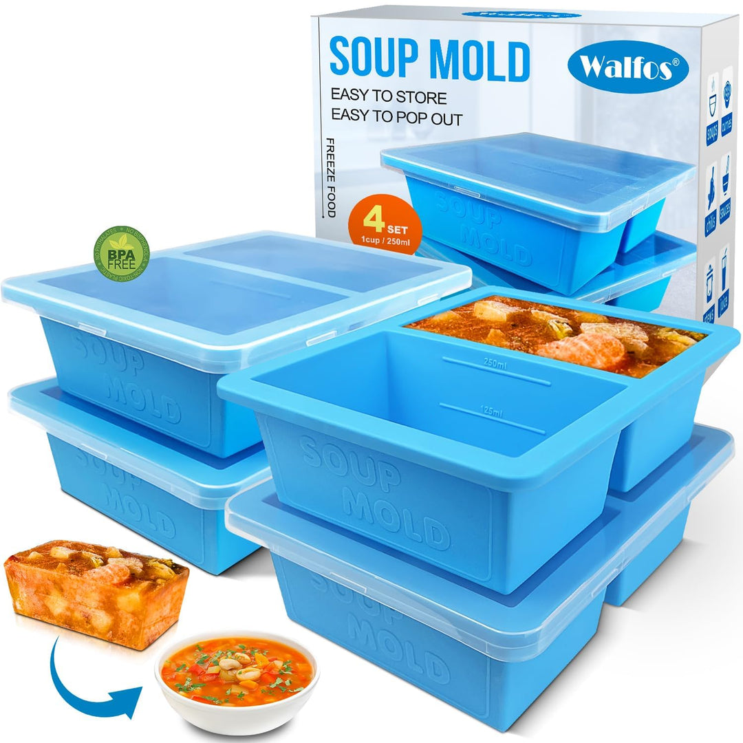 Walfos 1-Tasse Extragrosse Silikon Gefriertablett mit Deckel, 4 Packs Suppe Gefrierschrank Eiswürfel