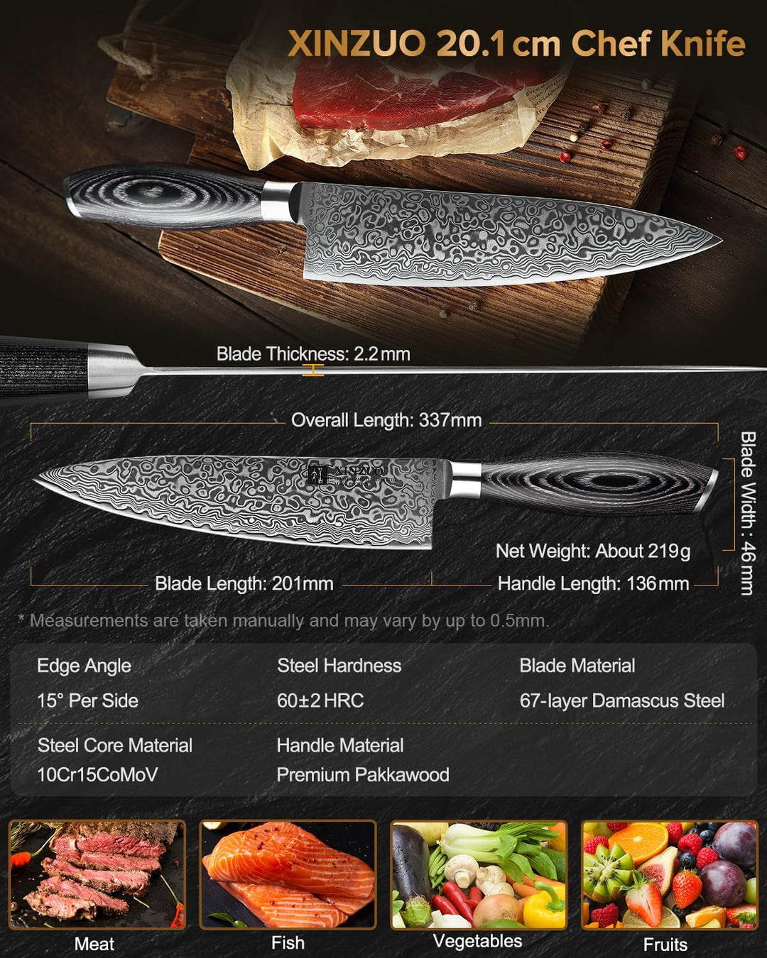 XINZUO 20.1cm Damaskus Kochmesser, 67 Schichten Damaststahl Chefmesser Profi Fleischmesser Kochmesse