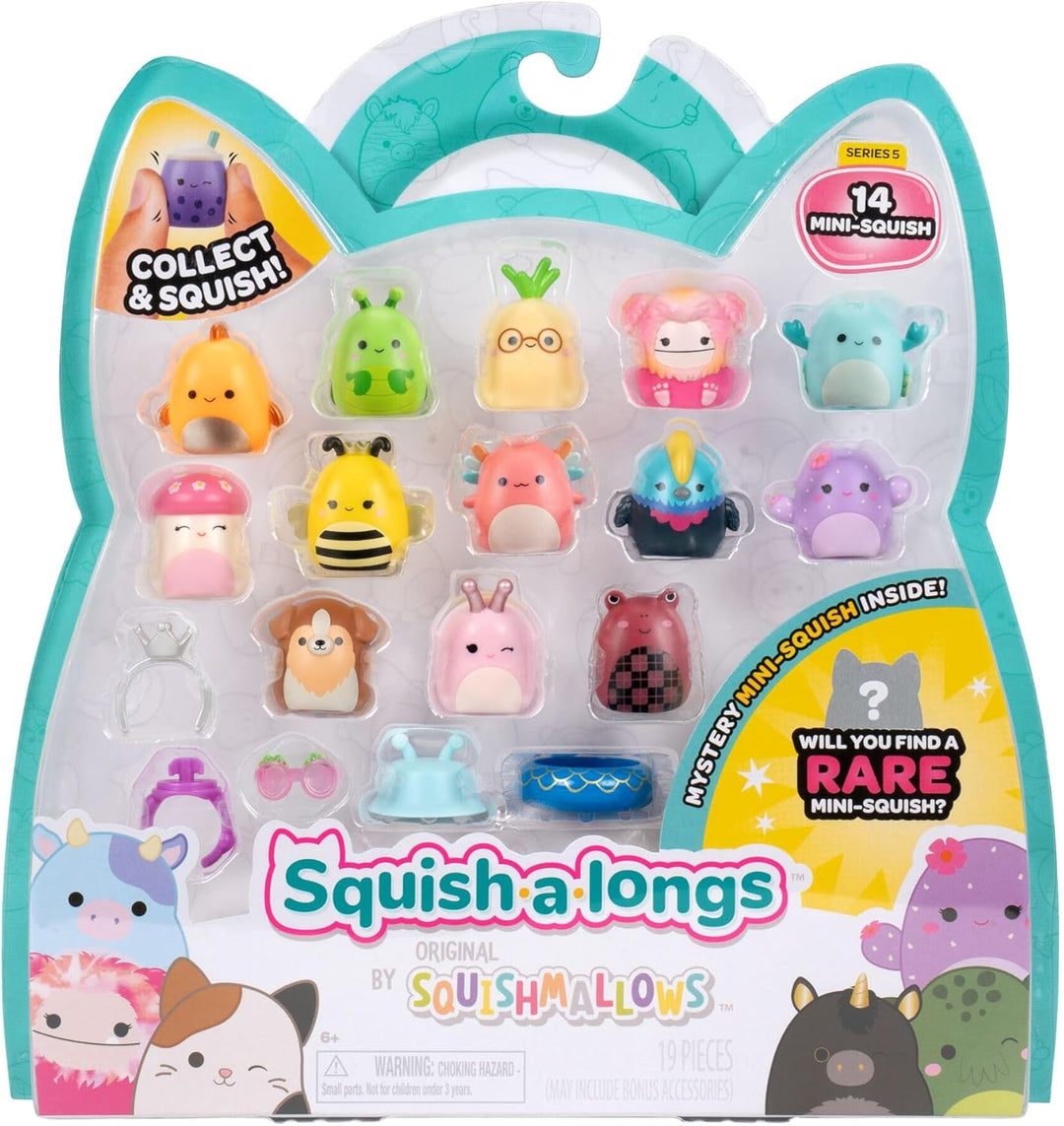 Squish-a-longs SQAL0268-14er Pack, enthält 14x 2,5 cm Mini-Squish mit 4X Accessoires, 1x Ring und 1x