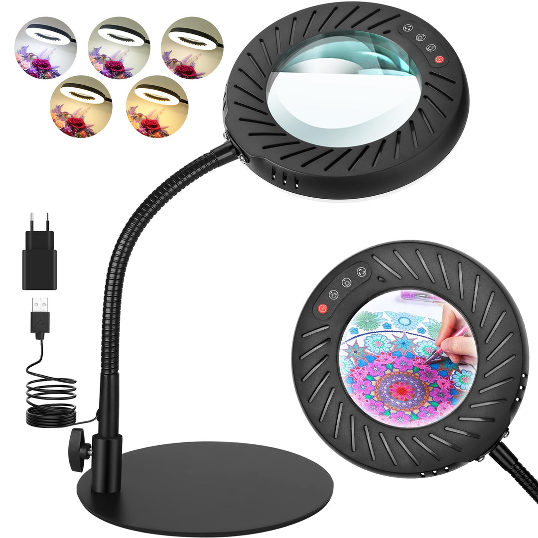 10X Lupe mit Licht und Ständer, 5 Farbmodi Dimmbar, Flexible Schwanenhals LED Schreibtischlampe Händ