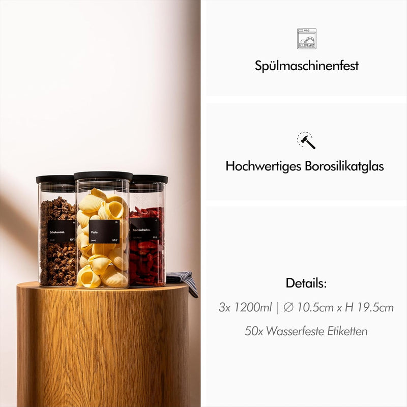 KIVY Vorratsgläser mit transparenten Glasdeckel [3x 1200ml] Stapelbare & Luftdichte Vorratsdosen mit