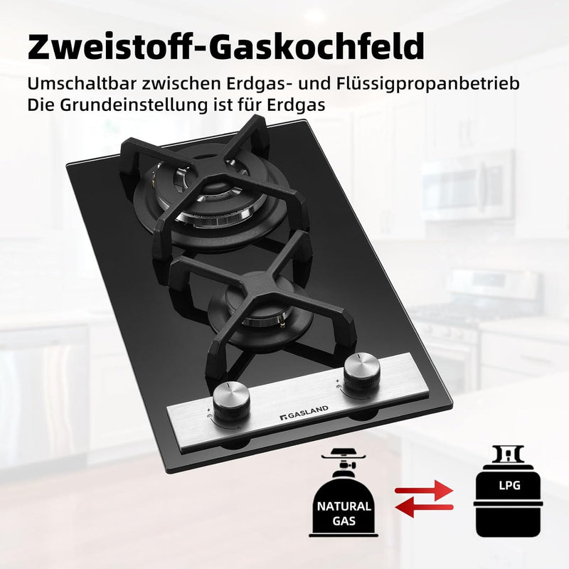 GASLAND Chef GH30BF Glas Gaskochfeld Einbau Glas Kochfeld 2 Flammig, 50mbar, LPG/Erdgas inkl Schwarz