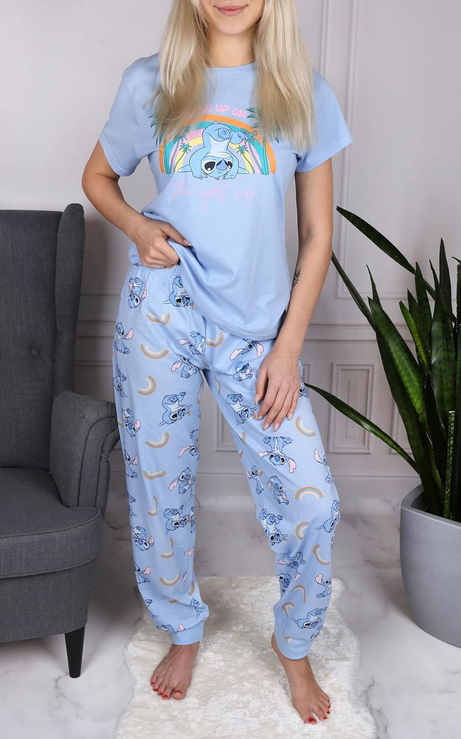 Stitch Disney Langarm-Pyjama für Damen, Blau und Pink S Kurzarm, S Kurzarm