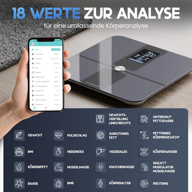 HELDENWERK Körperfettwaage Pro mit App & grosser Anzeige - Körperfett Personenwaage digital mit 18 M