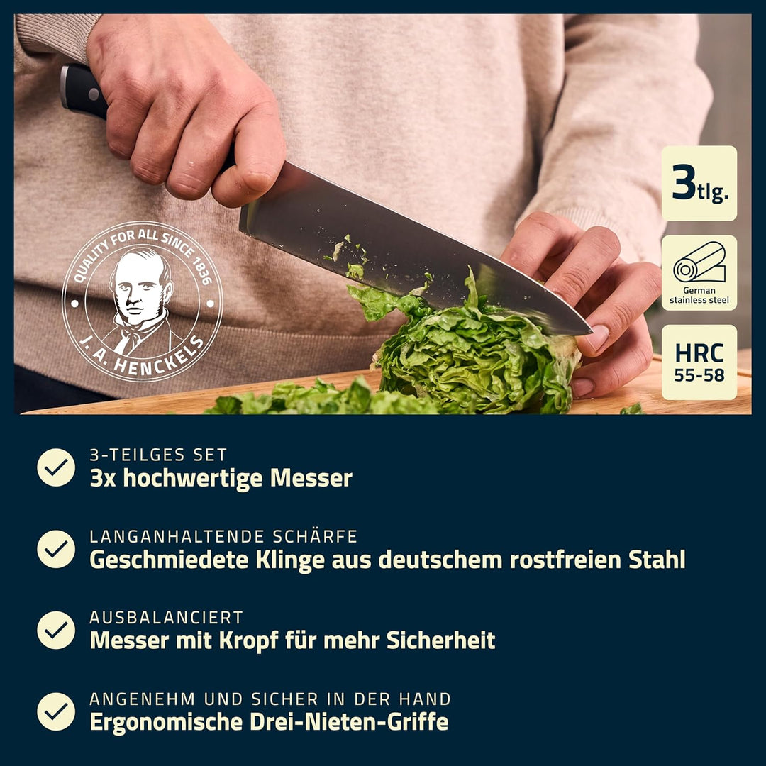 HENCKELS by ZWILLING Accent Messerset 3-tlg, Spick-, Fleisch- und Kochmesser, Schwarz mit Nieten