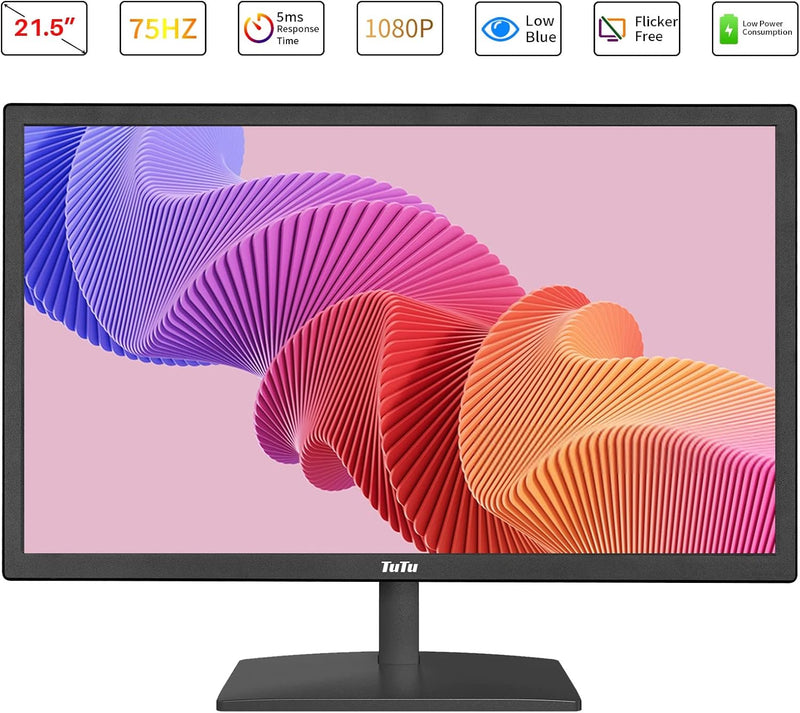 TuTu 21,5 Zoll LED Monitor Full HD 75HZ 5ms Eye Care (1920 x 1080, VGA HDMI VESA 100 * 100mm) Flimme