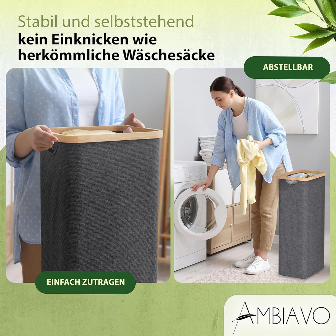 Wäschekorb 3 Fächer mit Ablage grau, 150 L Bambus · Wäschesammler mit Regal · 50 L pro Fach · heraus