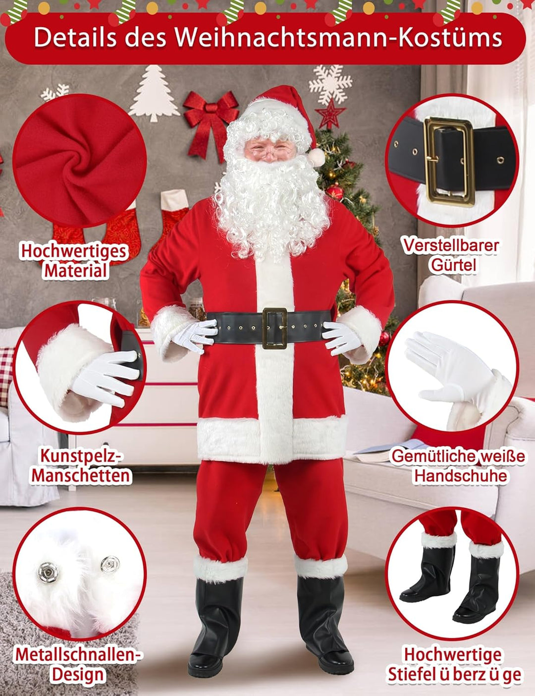 Weihnachtsmann Kostüm für Männer Deluxe Erwachsene Santa Anzug Herren Rot 10 teilig Professionelles
