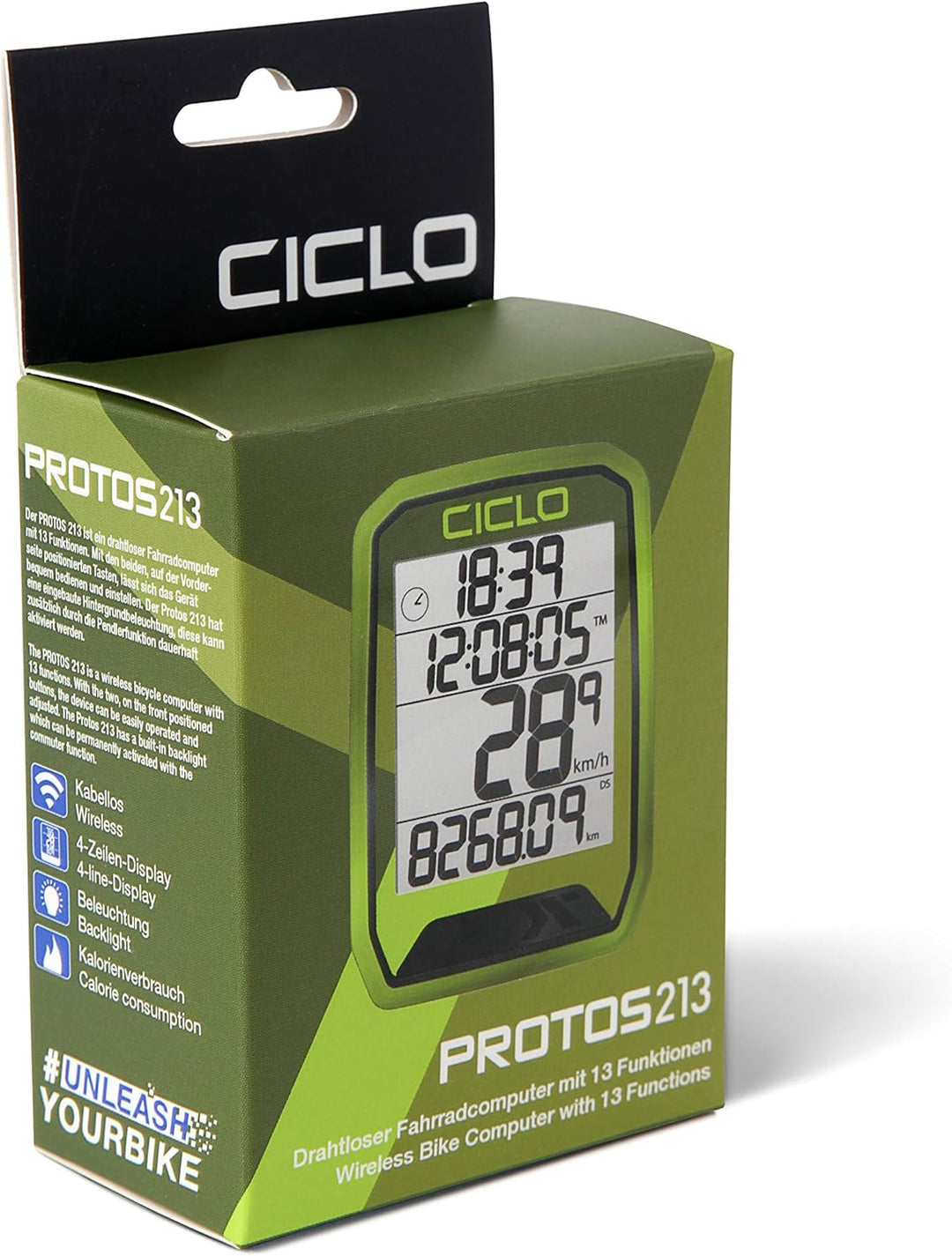 CICLO PROTOS 213 drahtloser Fahrradcomputer, mit 13 Funktionen in grün, in grün