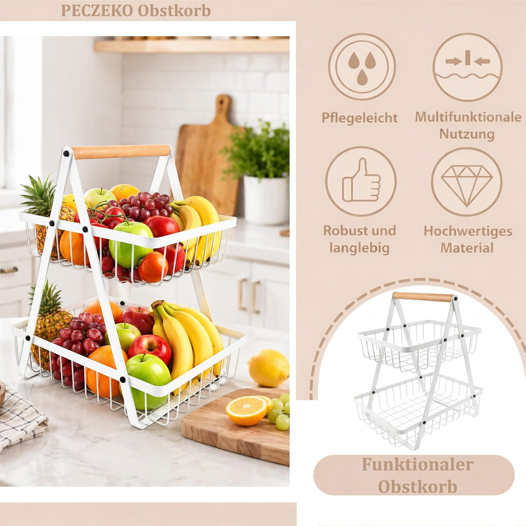 Zweistöckiger Obstkorb mit 2 Ebenen – Platzsparende Obstschale & Obsetagere aus Metall mit Holzgriff