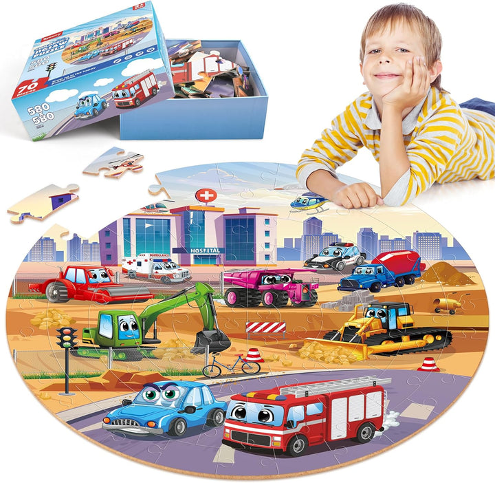 SYNARRY Grosse Fahrzeuge Boden Puzzle für Kinder ab 3 4 5 6 7 8 Jahren, 70 Teile Kinderpuzzle Bagger